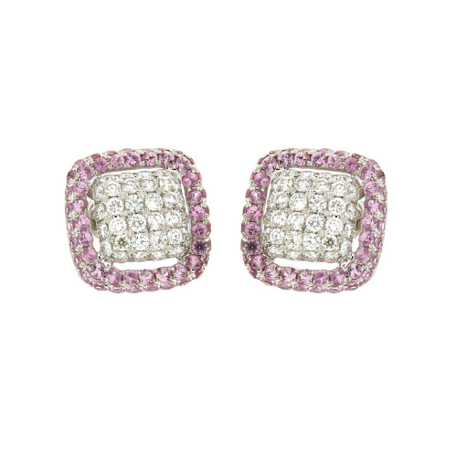 Square Halo Pink Sapphire and  Diamond Studs