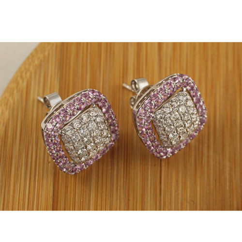 Square Halo Pink Sapphire and  Diamond Studs