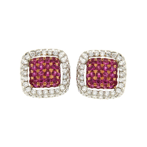 Square Halo Diamond and Ruby Studs