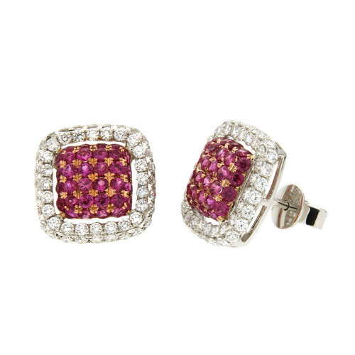 Square Halo Diamond and Ruby Studs