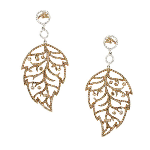 Rose Leaf Filigree Brown Diamond And Gold Earrings