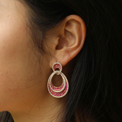 Ruby And White Diamond Oval Earrings