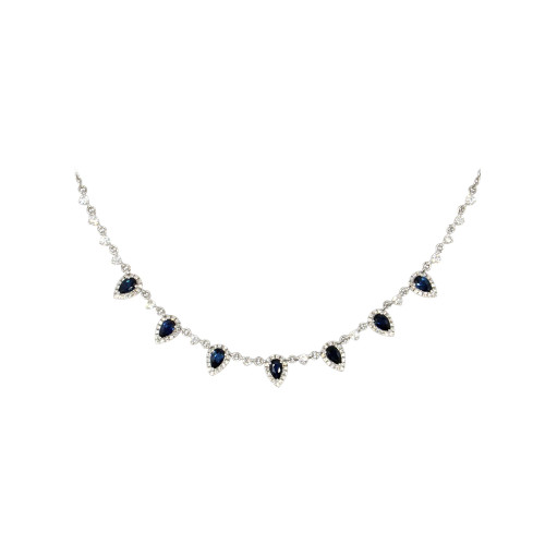 Blue Sapphire & Diamond Drop Necklace In 14K White Gold