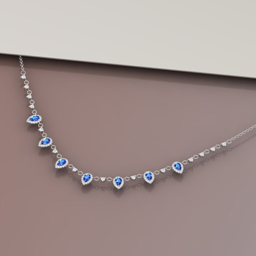 Blue Sapphire & Diamond Drop Necklace In 14K White Gold