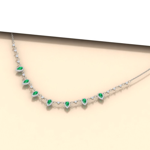 Emerald & Diamond Drop Necklace In 14K White Gold