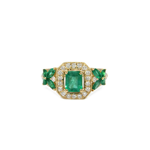 Unique Heirloom Ring In Emerald Diamond And 14K Yellow Gold