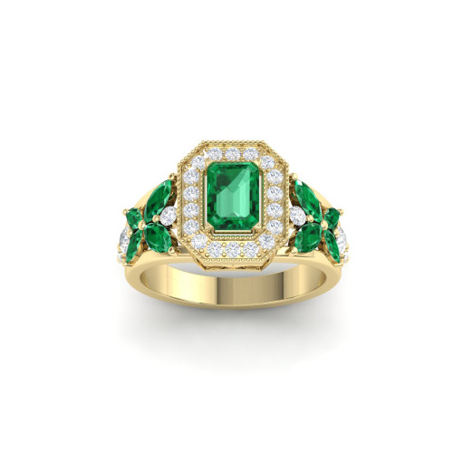 Unique Heirloom Ring In Emerald Diamond And 14K Yellow Gold