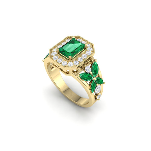 Unique Heirloom Ring In Emerald Diamond And 14K Yellow Gold