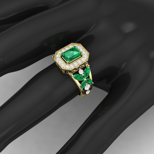 Unique Heirloom Ring In Emerald Diamond And 14K Yellow Gold