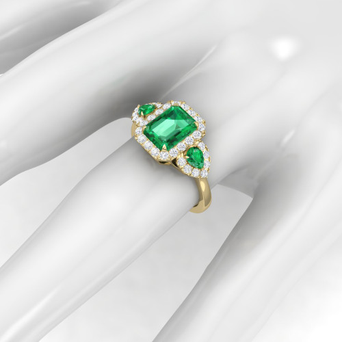 Classic Three Stone Diamond & Emerald Ring 