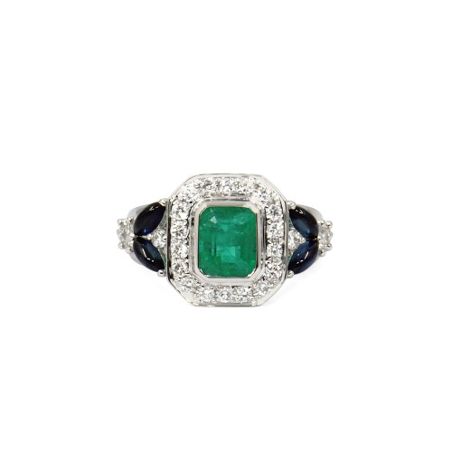 Emerald, Blue Sapphire, And Diamond Ring 