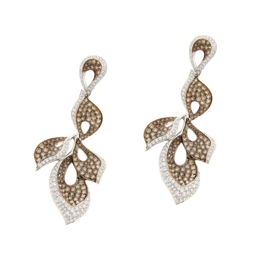 Brown and White Diamond Trio Leaf Earrings